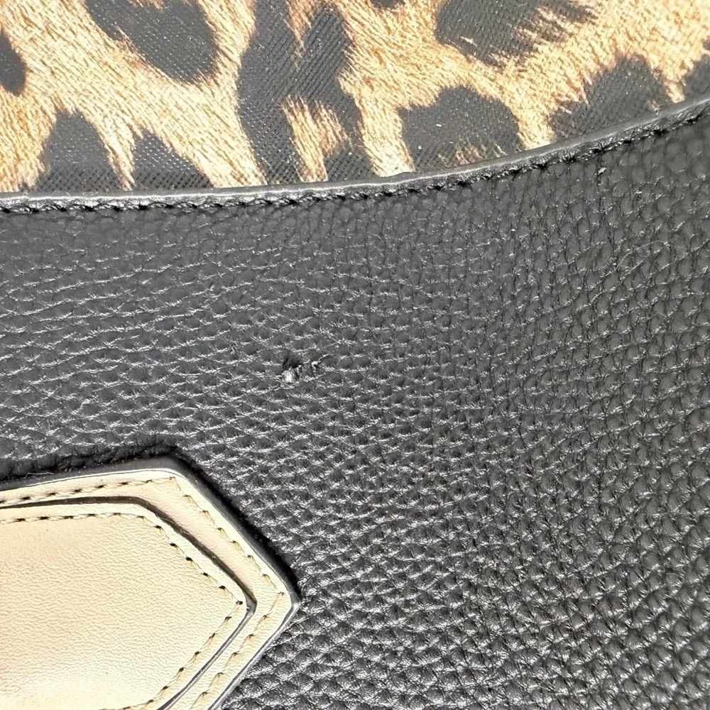 Adrienne Vittadini Black Faux Leather Leopard Print Satchel Handbag